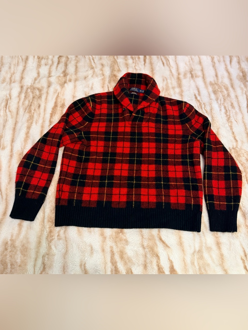 Ralph Lauren Red and Black Plaid V-Neck Sweater